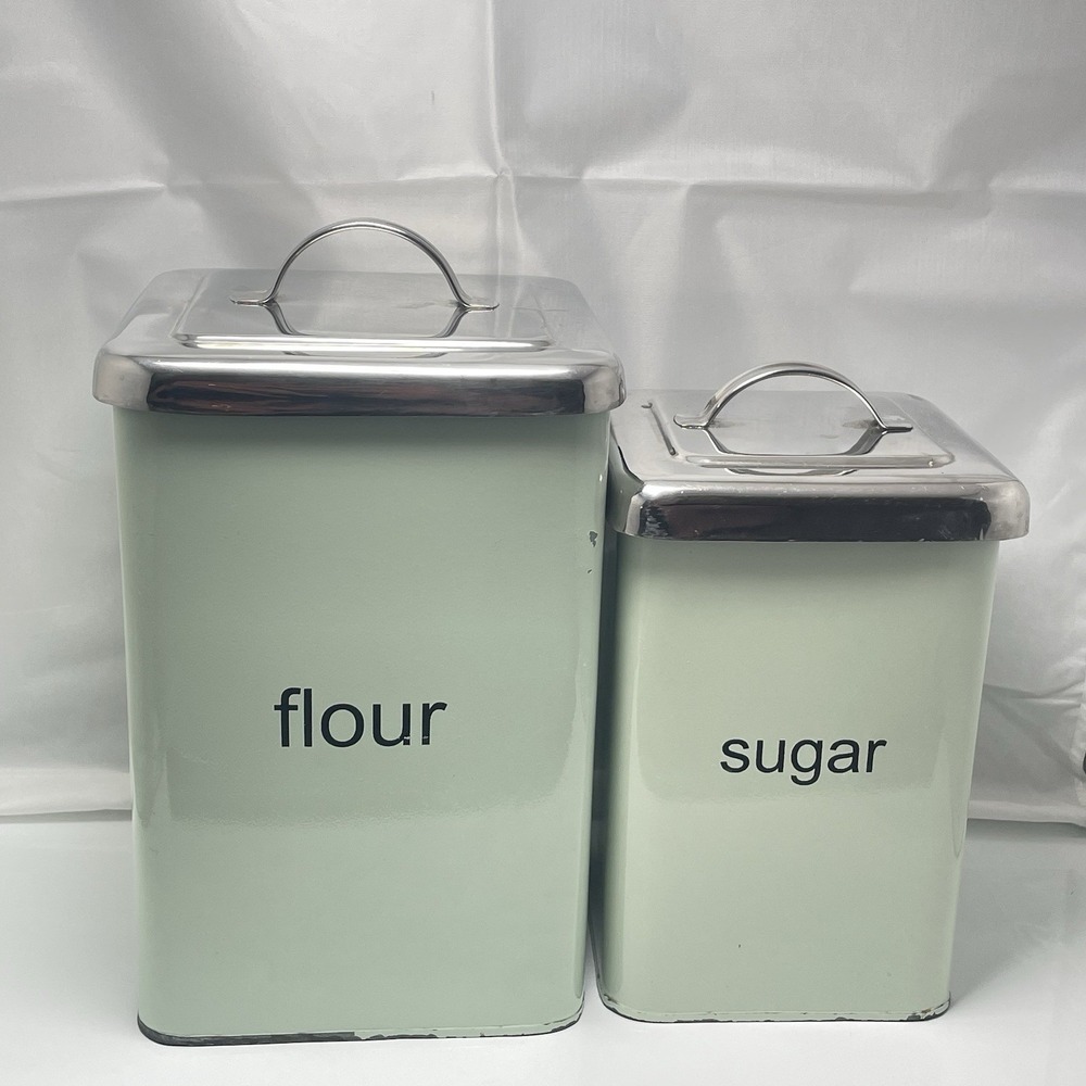 2‎ Pier 1 Imports Square Enamel Metal Canisters Chrome Lids Mint Green Flour